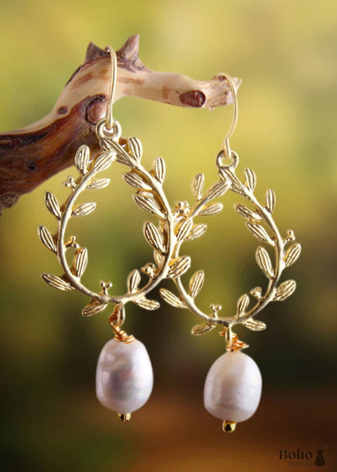 Boho Earrings, RH Dangle Earrings, White Peal Olive